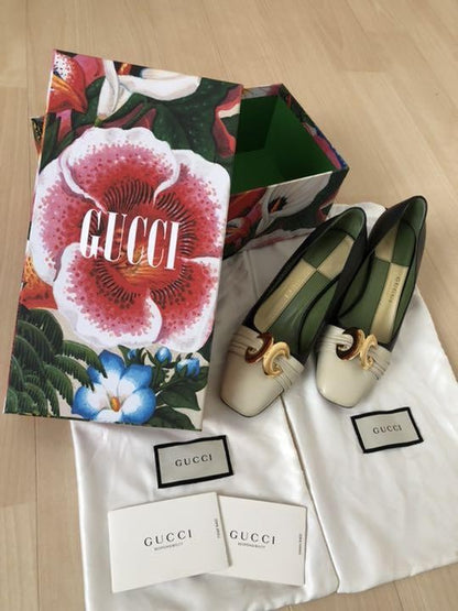 GUCCI Shoes Pumps Heel GG EU 37 US 7 Leather White Black Authentic