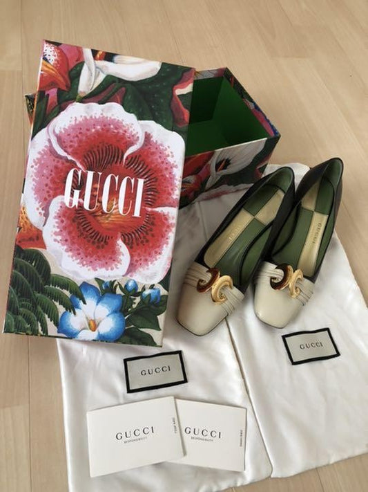 GUCCI Shoes Pumps Heel GG EU 37 US 7 Leather White Black Authentic