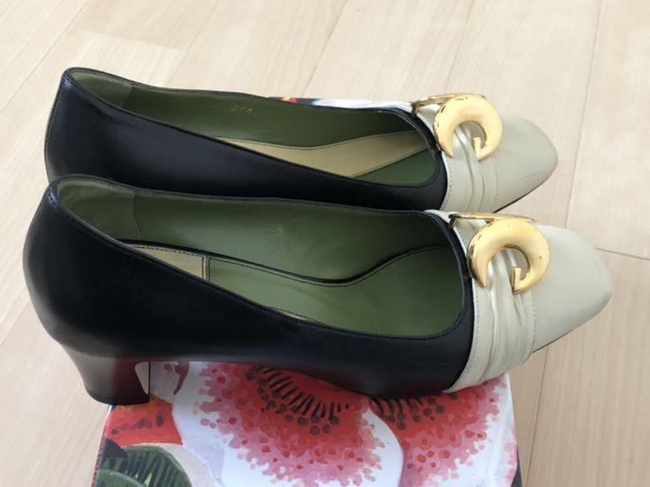 GUCCI Shoes Pumps Heel GG EU 37 US 7 Leather White Black Authentic