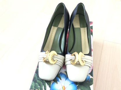GUCCI Shoes Pumps Heel GG EU 37 US 7 Leather White Black Authentic