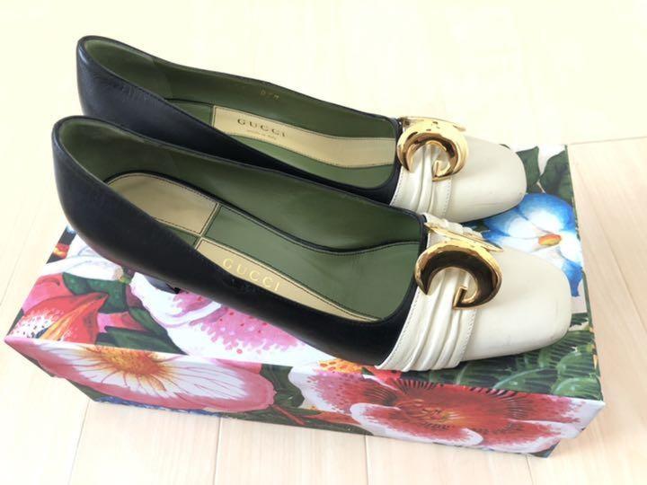 GUCCI Shoes Pumps Heel GG EU 37 US 7 Leather White Black Authentic