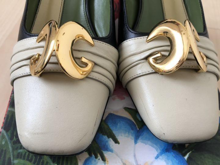 GUCCI Shoes Pumps Heel GG EU 37 US 7 Leather White Black Authentic