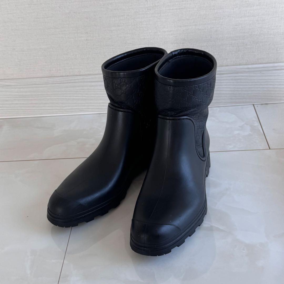 GUCCI Short Rain Boots Shoes GG EU 36.5 US 6.5 Black Authentic