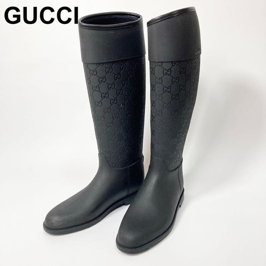 GUCCI Long Rain Boots Shoes GG EU 36 US 6 Black Authentic