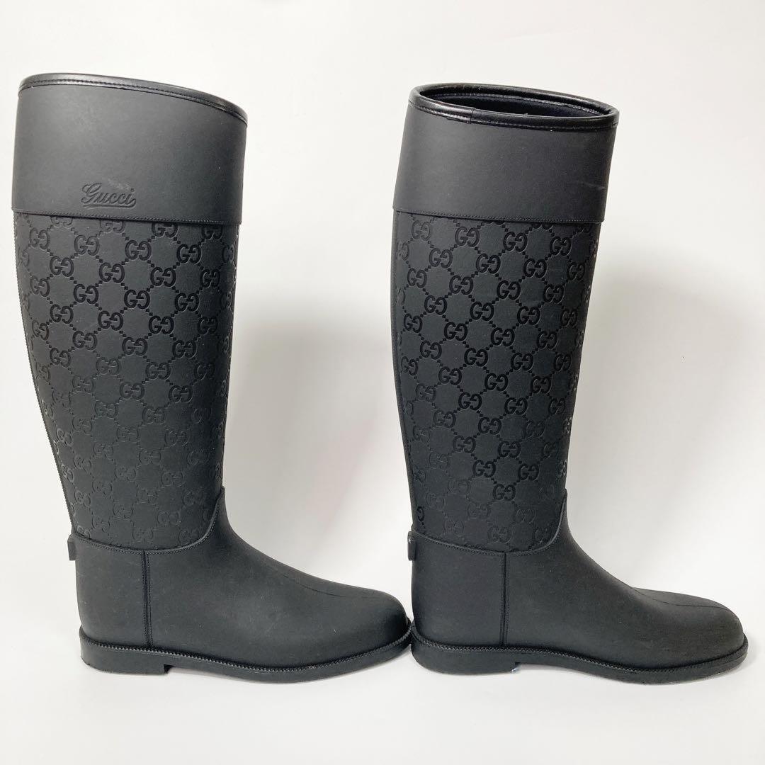 GUCCI Long Rain Boots Shoes GG EU 36 US 6 Black Authentic