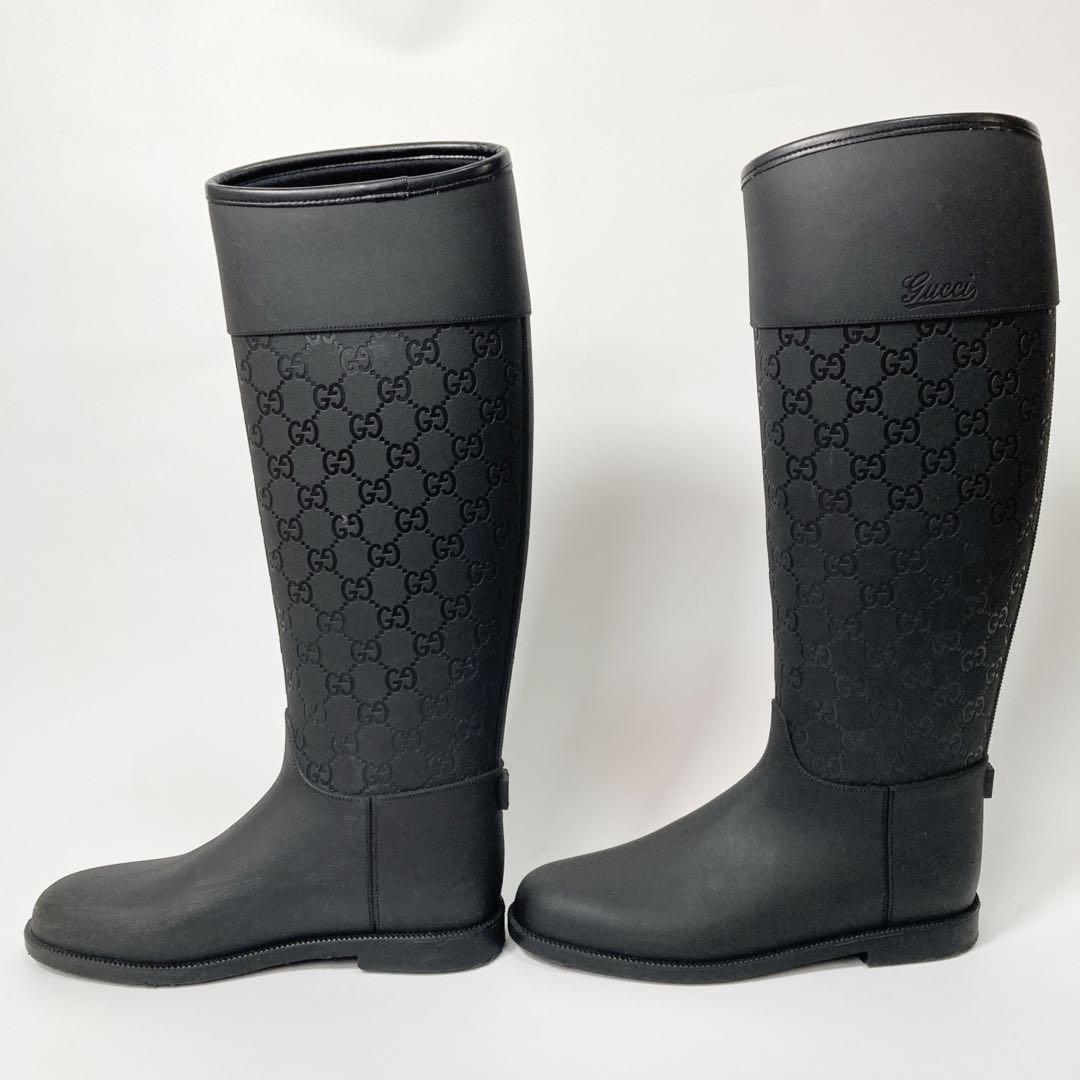 GUCCI Long Rain Boots Shoes GG EU 36 US 6 Black Authentic