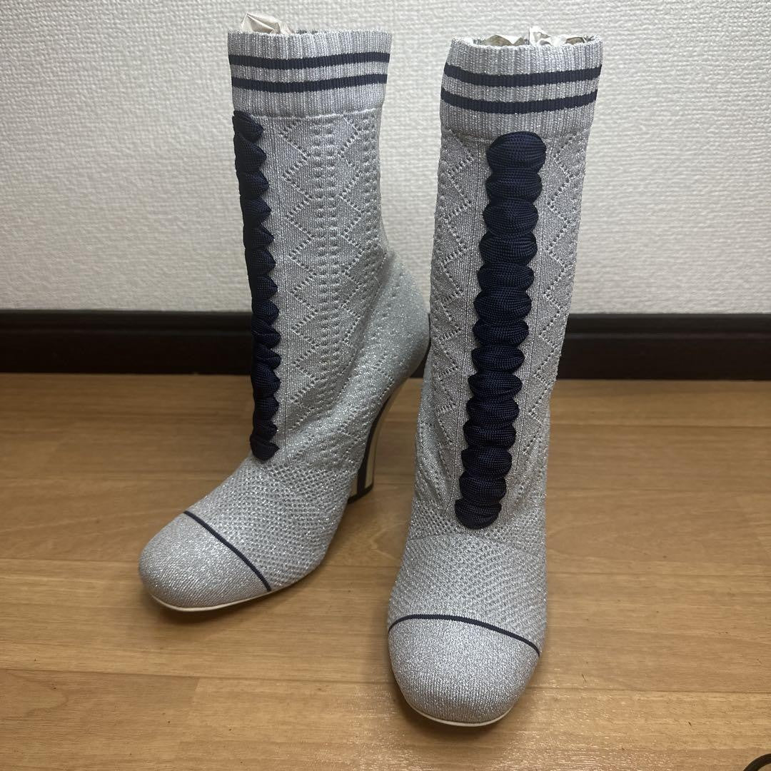 FENDI Short Boots Shoes EU 35 US 5 Knit Gray Authentic