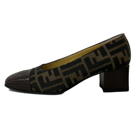 FENDI Shoes Pumps Heel FF Zucca EU 37 US 7 Jacquard Leather Brown Authentic