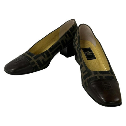 FENDI Shoes Pumps Heel FF Zucca EU 37 US 7 Jacquard Leather Brown Authentic