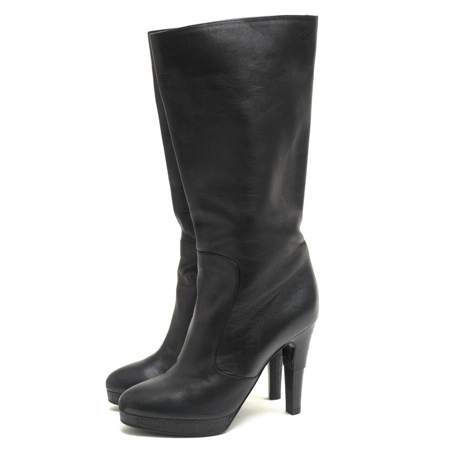CHANEL Long Boots Shoes Cocomark EU 36 US 6 Leather Black Authentic
