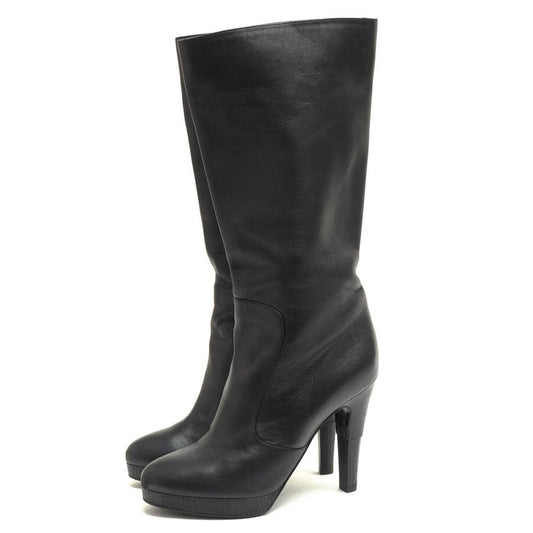 CHANEL Long Boots Shoes Cocomark EU 36 US 6 Leather Black Authentic