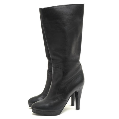 CHANEL Long Boots Shoes Cocomark EU 36 US 6 Leather Black Authentic