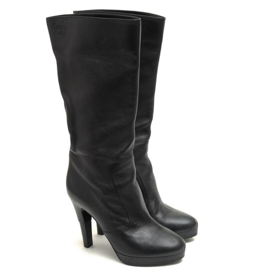 CHANEL Long Boots Shoes Cocomark EU 36 US 6 Leather Black Authentic