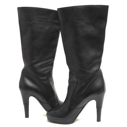 CHANEL Long Boots Shoes Cocomark EU 36 US 6 Leather Black Authentic