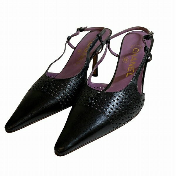 CHANEL Shoes Pumps Heel EU 36.5 US 6.5 Leather Black Authentic