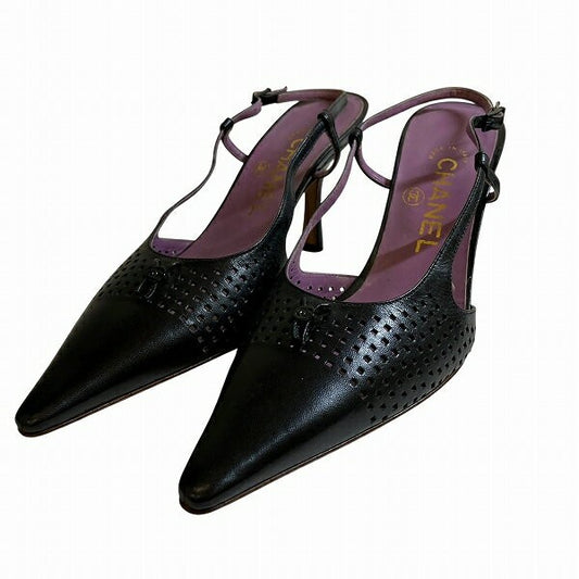 CHANEL Shoes Pumps Heel EU 36.5 US 6.5 Leather Black Authentic