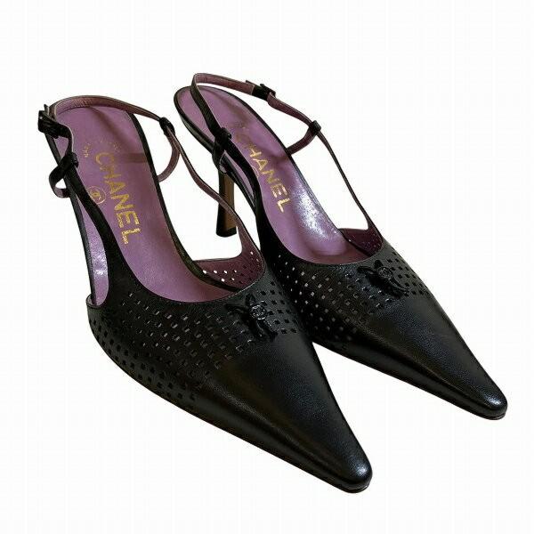 CHANEL Shoes Pumps Heel EU 36.5 US 6.5 Leather Black Authentic