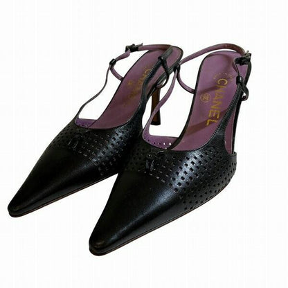CHANEL Shoes Pumps Heel EU 36.5 US 6.5 Leather Black Authentic