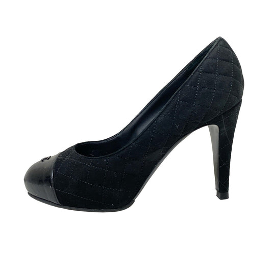 CHANEL Shoes Pumps Heel Cocomark EU 36 US 6 Suede Patent Leather Black Authentic
