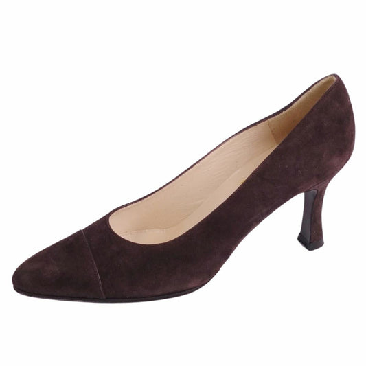 CHANEL Shoes Pumps Heel EU 38 US 8 Suede Leather Brown Authentic