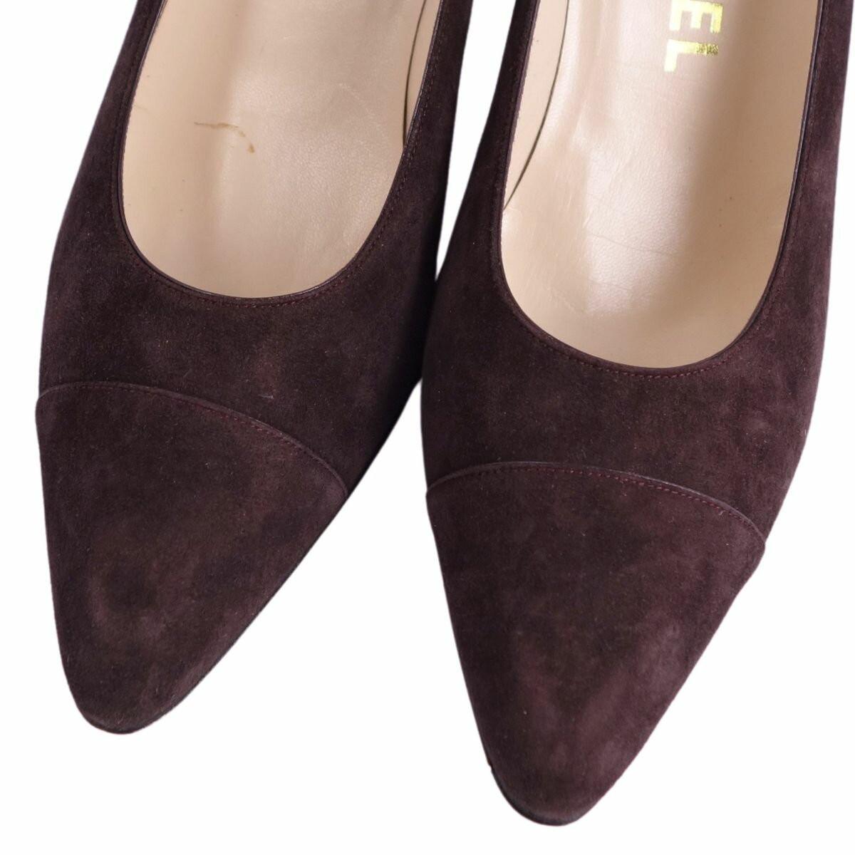CHANEL Shoes Pumps Heel EU 38 US 8 Suede Leather Brown Authentic