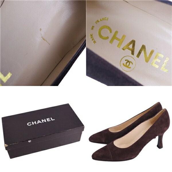 CHANEL Shoes Pumps Heel EU 38 US 8 Suede Leather Brown Authentic