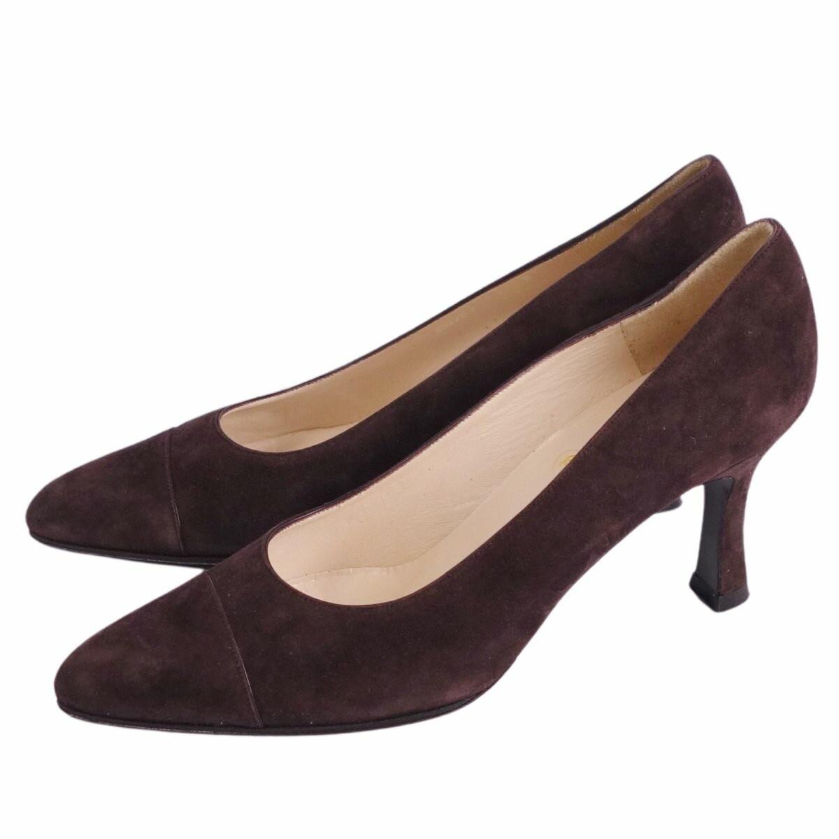CHANEL Shoes Pumps Heel EU 38 US 8 Suede Leather Brown Authentic
