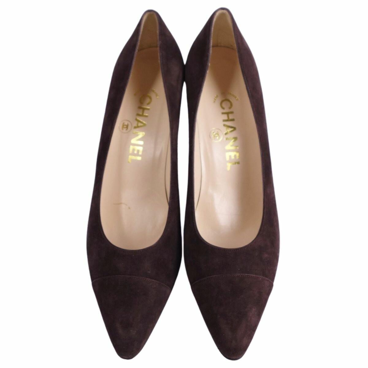 CHANEL Shoes Pumps Heel EU 38 US 8 Suede Leather Brown Authentic
