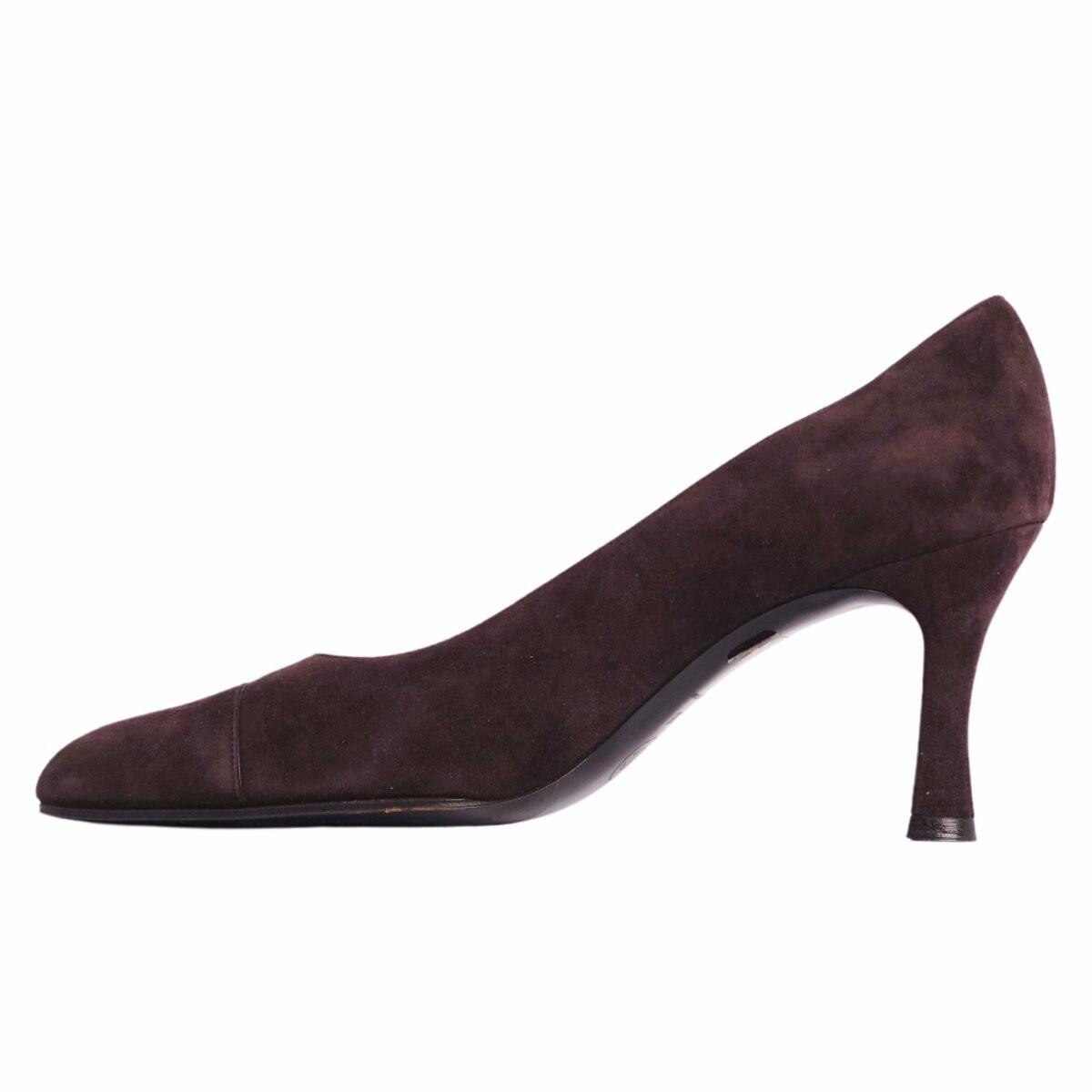 CHANEL Shoes Pumps Heel EU 38 US 8 Suede Leather Brown Authentic