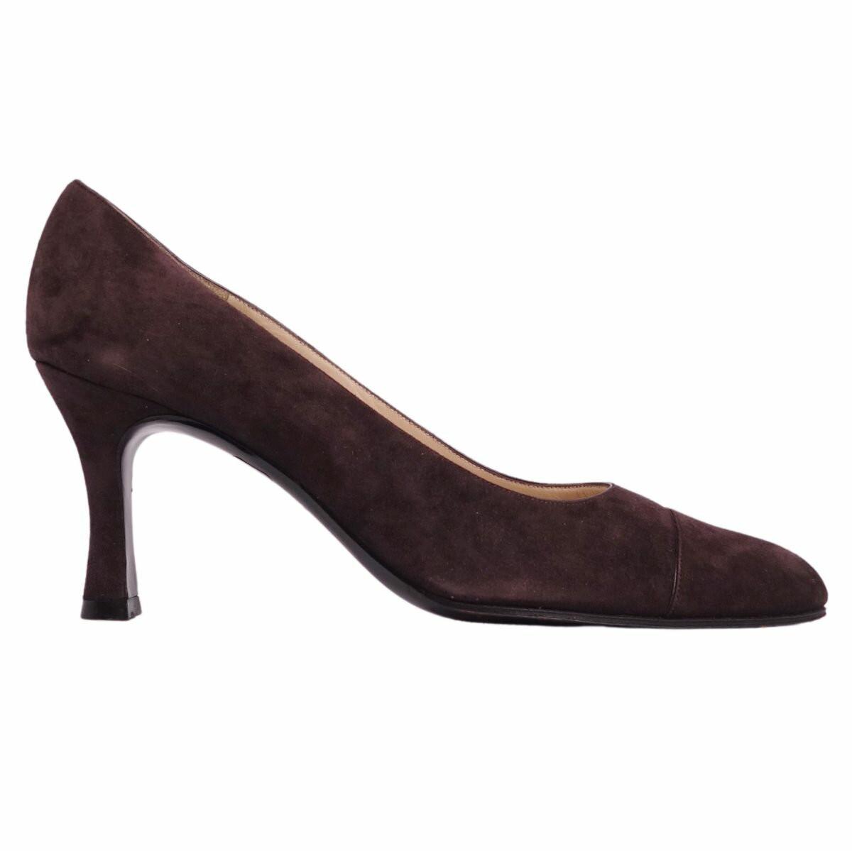 CHANEL Shoes Pumps Heel EU 38 US 8 Suede Leather Brown Authentic