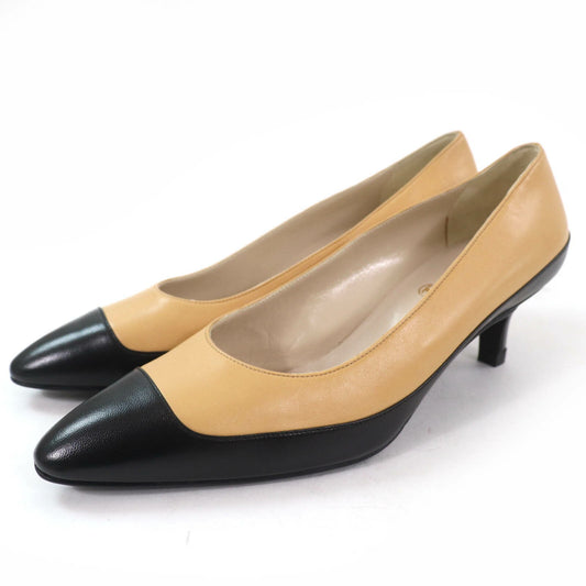 CHANEL Shoes Pumps Heel EU 37.5 US 7.5 Leather Beige Black Authentic