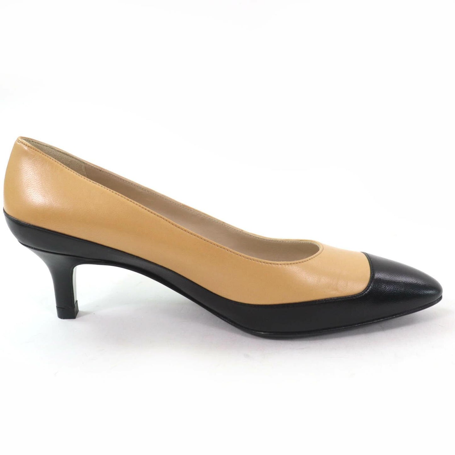 CHANEL Shoes Pumps Heel EU 37.5 US 7.5 Leather Beige Black Authentic