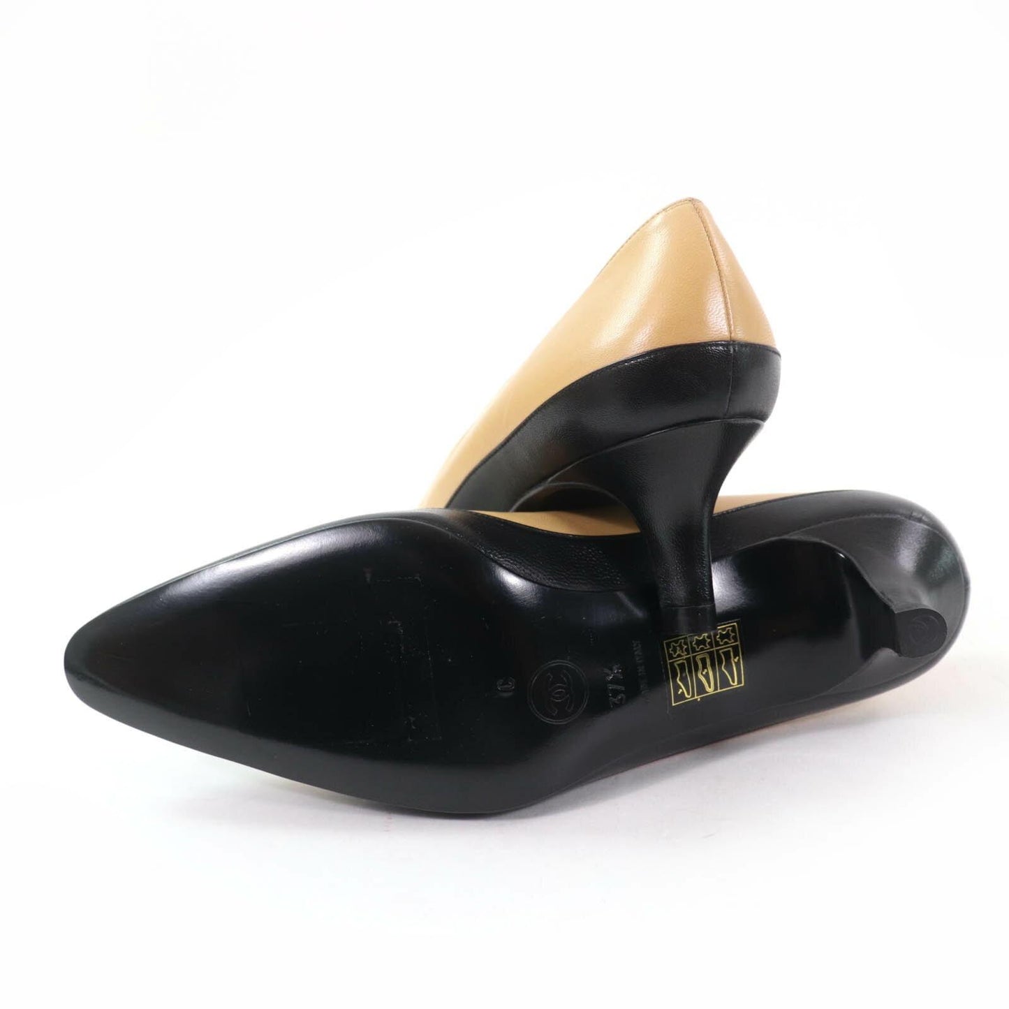 CHANEL Shoes Pumps Heel EU 37.5 US 7.5 Leather Beige Black Authentic