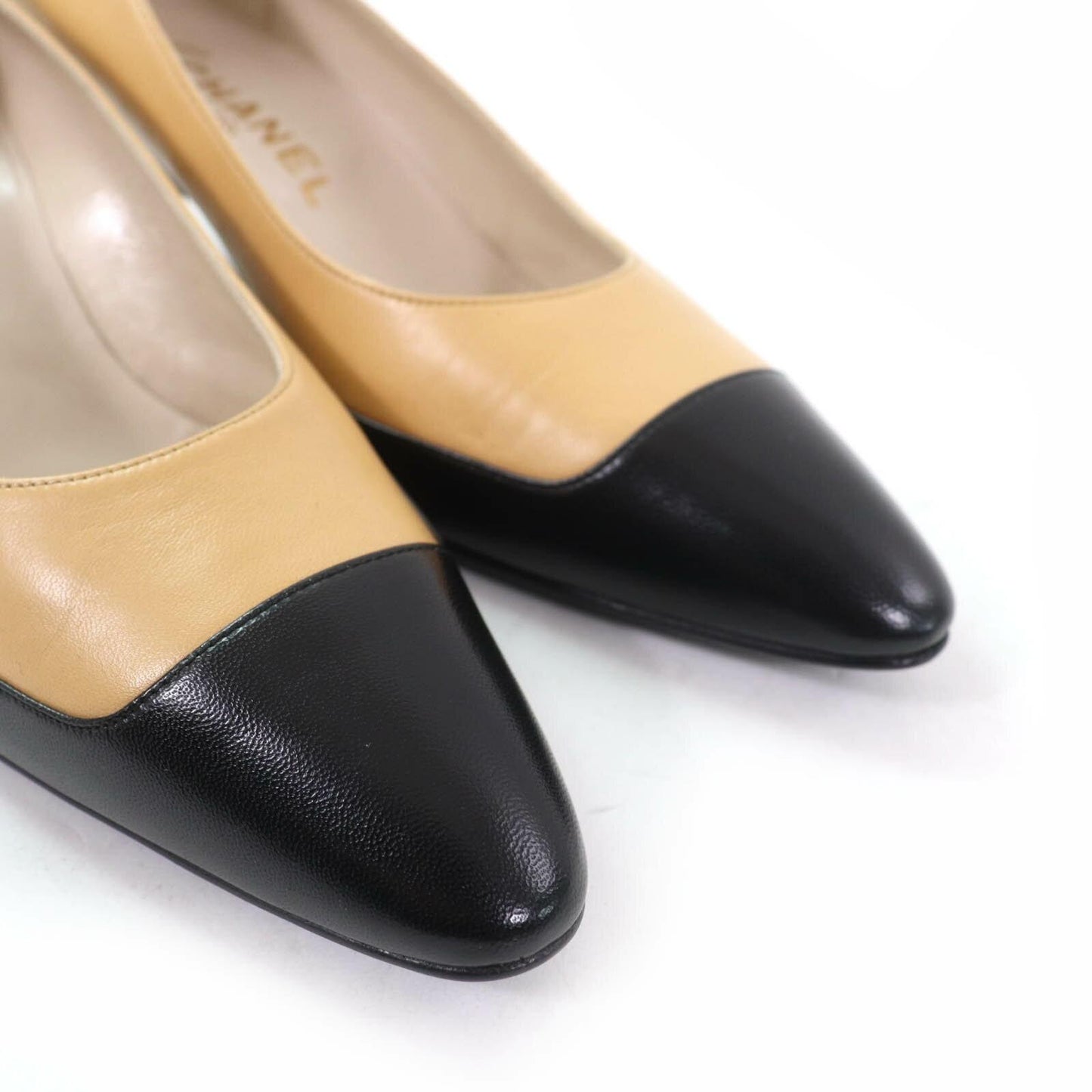 CHANEL Shoes Pumps Heel EU 37.5 US 7.5 Leather Beige Black Authentic
