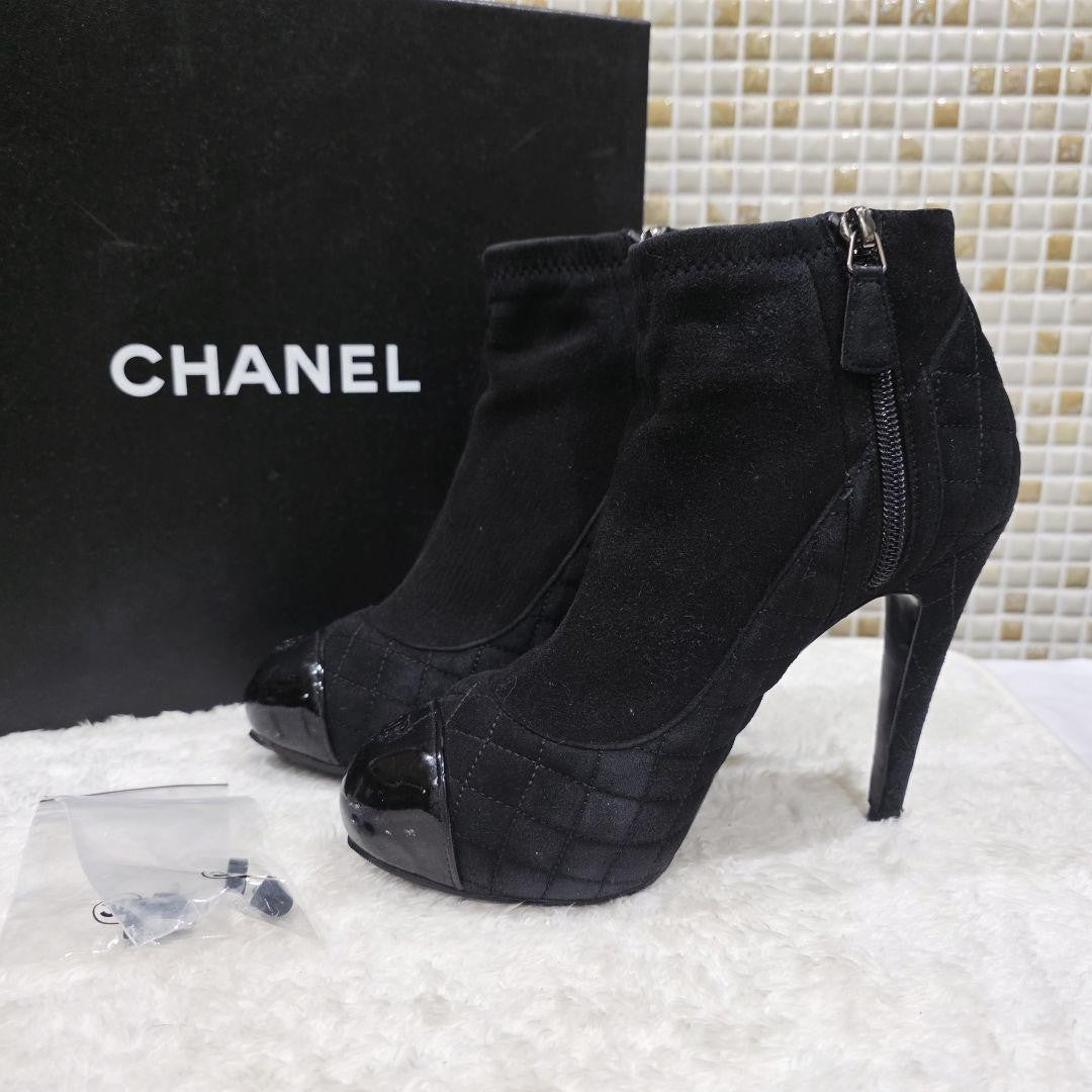 CHANEL Short Boots Shoes Cocomark EU 37.5 US 7.5 Suede Leather Black Authentic