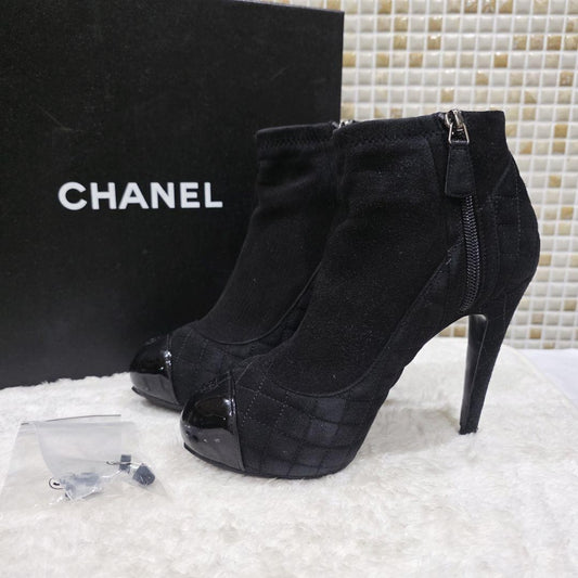 CHANEL Short Boots Shoes Cocomark EU 37.5 US 7.5 Suede Leather Black Authentic