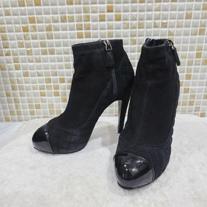 CHANEL Short Boots Shoes Cocomark EU 37.5 US 7.5 Suede Leather Black Authentic