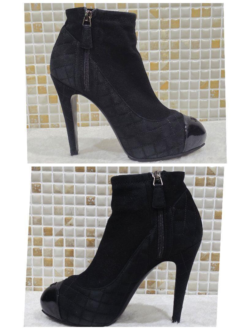 CHANEL Short Boots Shoes Cocomark EU 37.5 US 7.5 Suede Leather Black Authentic