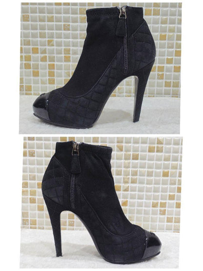 CHANEL Short Boots Shoes Cocomark EU 37.5 US 7.5 Suede Leather Black Authentic