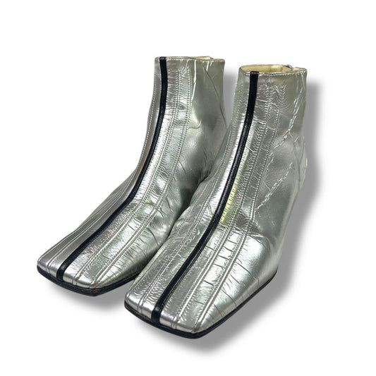 CHANEL Short Boots Shoes EU 37 US 7 Patent Leather Silver Authentic