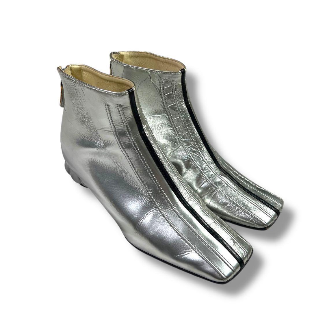 CHANEL Short Boots Shoes EU 37 US 7 Patent Leather Silver Authentic