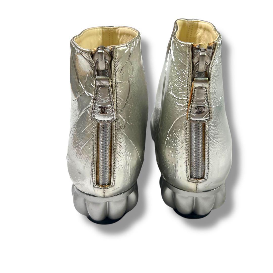 CHANEL Short Boots Shoes EU 37 US 7 Patent Leather Silver Authentic