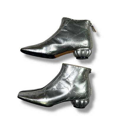 CHANEL Short Boots Shoes EU 37 US 7 Patent Leather Silver Authentic
