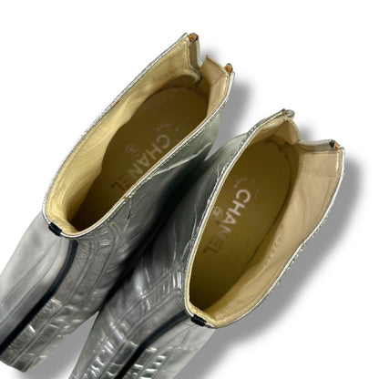 CHANEL Short Boots Shoes EU 37 US 7 Patent Leather Silver Authentic
