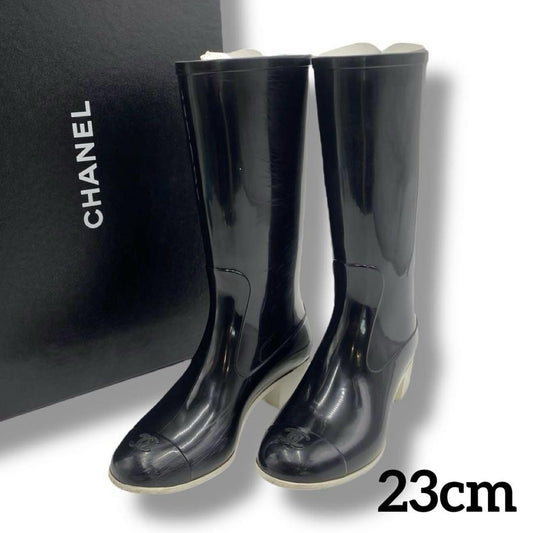 CHANEL Long Rain Boots Shoes Cocomark EU 36 US 6 Black Authentic