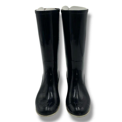 CHANEL Long Rain Boots Shoes Cocomark EU 36 US 6 Black Authentic