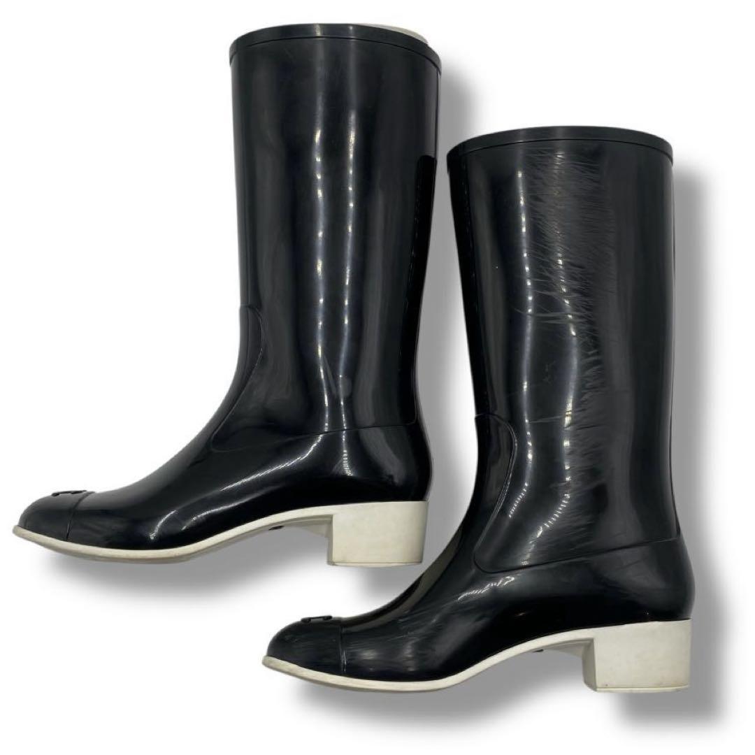 CHANEL Long Rain Boots Shoes Cocomark EU 36 US 6 Black Authentic