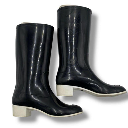 CHANEL Long Rain Boots Shoes Cocomark EU 36 US 6 Black Authentic