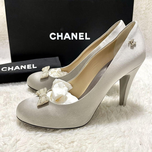 CHANEL Shoes Pumps Heel Cocomark EU 38 US 8 Silver Gray Authentic