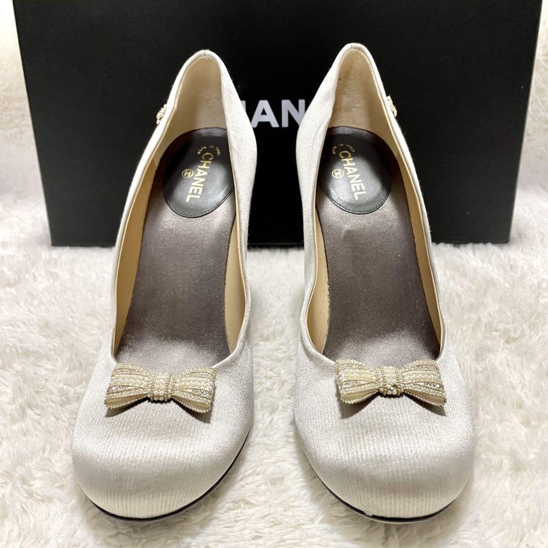 CHANEL Shoes Pumps Heel Cocomark EU 38 US 8 Silver Gray Authentic